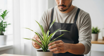 Man in apron checking and caring for his potted houseplant indoors. Home gardening, hobby, and plant care concept.