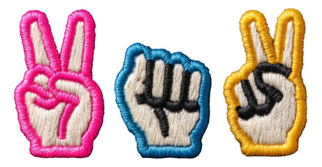 Colorful Peace Hand Symbols Embroidered Patches on Transparent Background
