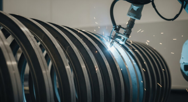 automated robotic welding arm working on large metal cylindrical components in modern industrial manufacturing facility with bright sparks and precise high tech engineering