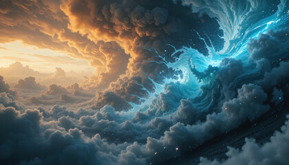 Dynamic ocean waves and clouds at sunset nature landscape dramatic sky view serene environment