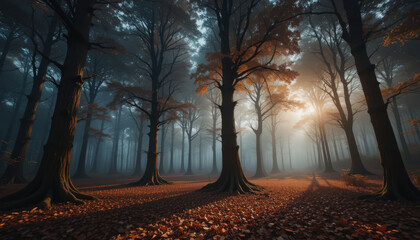 Mystical sunrise in autumn forest nature landscape photography tranquil environment serene viewpoint