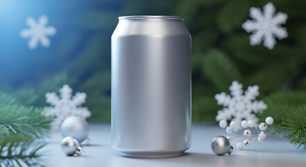 Sleek metallic beverage can mockup in a festive winter setting with sparkling snowflakes and evergreen branches, ideal for holiday product promotion and seasonal drink designs