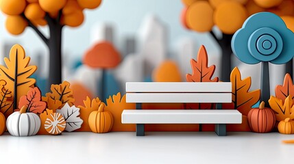 A whimsical, stylized autumn park scene featuring a white park bench, pumpkins, and colorful leaves. The background shows blurred trees and buildings under soft