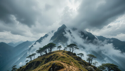 Majestic mountain hike cloudy landscape nature photography aerial view adventure concept
