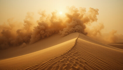 Dust storm rising over serene desert dunes early morning light nature photography expansive landscape