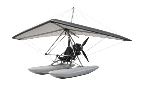 Motorized amphibious hang glider with floats and a sturdy airframe.