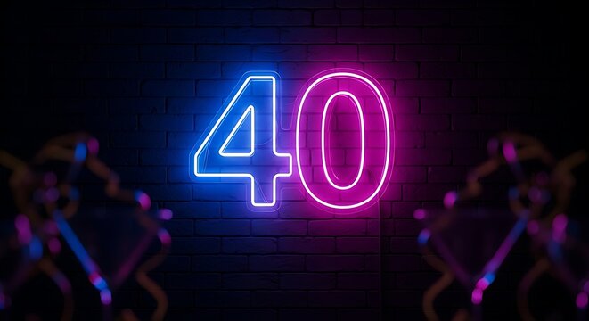 Stunning forty neon sign shining bright for a birthday, celebration, or special milestone event with glowing pink and blue lights on a brick wall