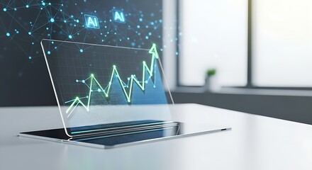 Modern AI technology shows exponential growth on a sleek laptop with a digital graph, promising efficient solutions and data-driven insights for businesses