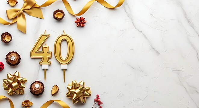 Celebrate a milestone birthday with sparkling gold number forty candles, elegant ribbons, and delectable treats on a clean white marble background, perfect for parties