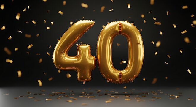 Celebrating a dazzling 40th birthday with golden balloons and confetti, a vibrant milestone, perfect for invitations, ads, or social media posts