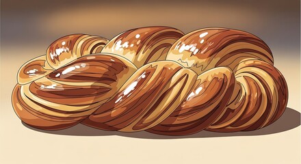 A detailed digital illustration of a freshly baked homemade braided loaf, perfect for a delicious breakfast recipe