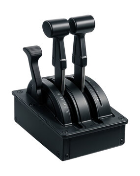 Throttle quadrant featuring reverse thrust levers and speed brake control.