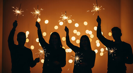 Joyful silhouettes of friends celebrating with vibrant sparklers against a warm, glowing bokeh background, capturing the festive spirit of togetherness