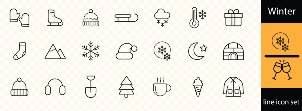 Weather line icon set with editable stroke, featuring hail, snow, ranbow, seasons, heat wave, humadity, storm, cloudy, climate, rainy, night, fog, sunset, tornado, moon, wind.