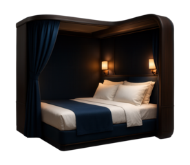 Sleeper train cabin featuring privacy curtains and ambient night lights.