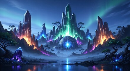 Ethereal Celestial Glow Whirling Above a Mystical Crystal Landscape, Reflected in Tranquil Waters, Revealing an Enchanted Fantasy Realm of Pulsating Energy and Radiant Beauty