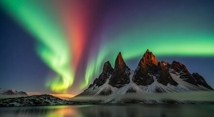 Majestic Northern Lights Dancing Over Jagged Mountain Peaks, Illuminated with Vibrant Colors