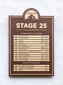 Los Angeles, CA - USA: Close-up of Stage 25 plaque showing production history on the lot of Paramount Pictures.