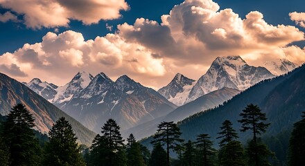 Stunning view of snow-capped mountains under a dramatic cloudy sky in the wilderness
