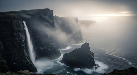 Dramatic coastal cliffs with waterfalls shrouded in mist, a moody landscape bathed in soft light