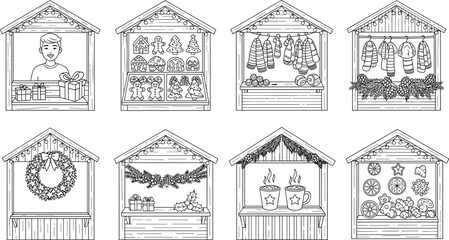 Christmas Market Stalls Outline Festive Holiday Booths for Crafts and Treats