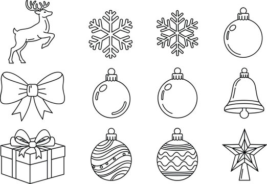 Christmas Icons Festive Outlines of Deer, Snowflakes, Ornaments, and Holiday Symbols