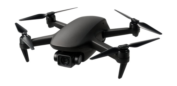 Lightweight drone with a rounded front edge and pointed trailing wingtips.