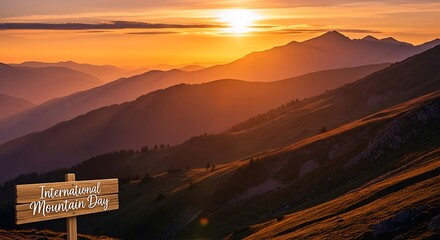 International Mountain Day, celebrated at sunset with a wooden sign in the mountains, highlighting nature's beauty and the importance of conservation