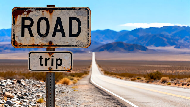Road trip sign on a desert highway with distant mountains under a clear blue sky invites adventure and travel for vacationers and explorers seeking scenic routes and open road experiences