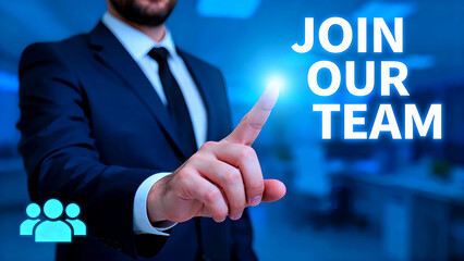 Join our team recruitment concept featuring a businessman in a suit pointing to the text with a bright light effect and a team icon on a blue background suitable for corporate and hr marketing materia