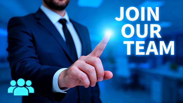 Join our team recruitment concept featuring a businessman in a suit pointing to the text with a bright light effect and a team icon on a blue background suitable for corporate and hr marketing materia