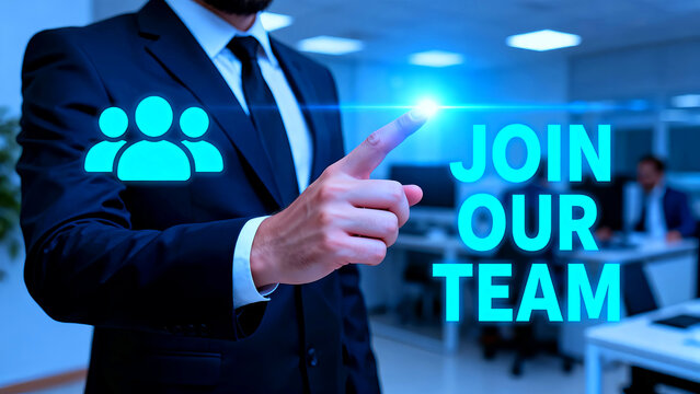 Join our team recruitment concept featuring a businessman in a suit pointing to a team icon with bright blue text in a modern office environment promoting career opportunities and company growth