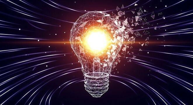 Explosive digital light bulb concept illuminating the genesis of new ideas, technological disruption, and creative transformation