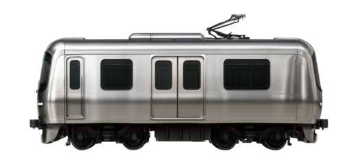 Electric train car with stainless steel body, sliding side doors, and overhead luggage