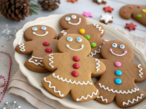Playful gingerbread cookies with smiling faces, candy buttons, and icing details - Powered by Adobe