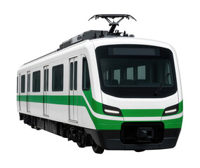 Fototapeta premium Electric train car in white and green, featuring full-length windows and a digital display.