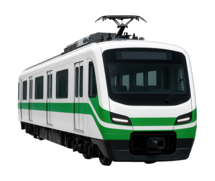 Electric train car in white and green, featuring full-length windows and a digital display.