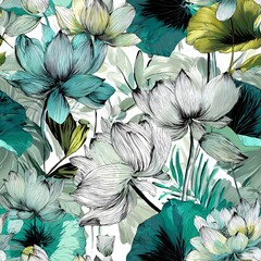 Fototapeta premium Seamless pattern with lotus flower and tropical leaf. Botanical art for textile, fabric, wallpaper, branding, packaging, background.