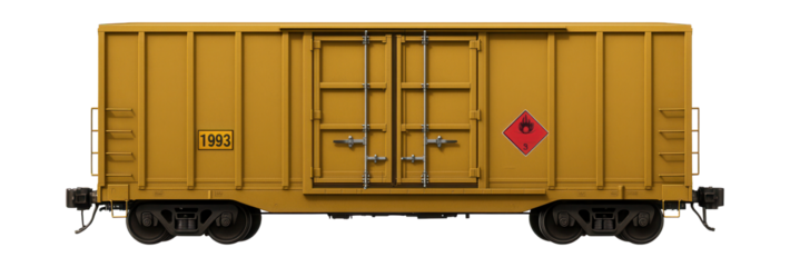 Rectangular railcar for hazardous materials with safety placards and secure locks.