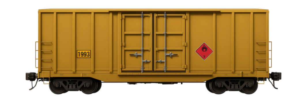 Rectangular railcar for hazardous materials with safety placards and secure locks.
