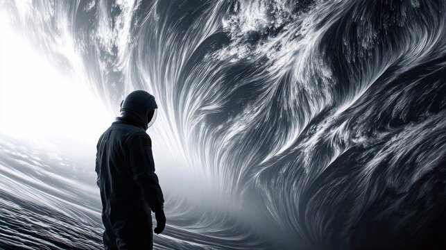 One person, adult, wearing a spacesuit, stands looking at a vast, abstract, swirling cosmic landscape with dramatic light and shadow. The background appears to