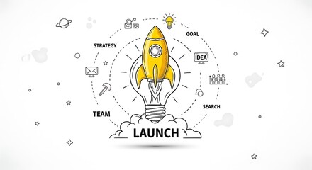 Modern line art depicting a rocket soaring from a lightbulb, embodying groundbreaking ideas, strategic planning, and rapid business growth