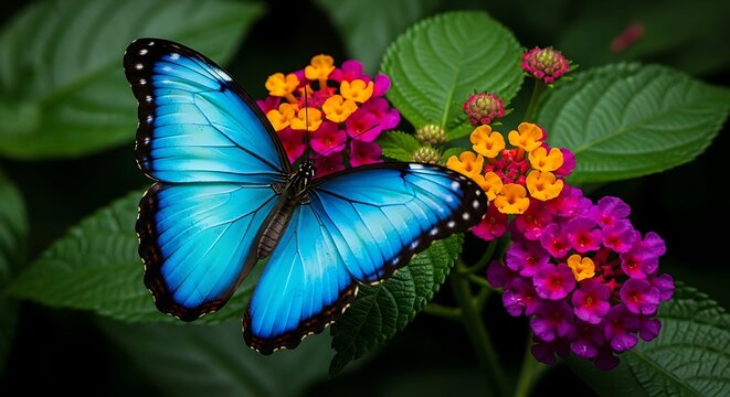 Vibrant Blue Morpho Butterfly Perched on Colorful Lantana Flowers in a Lush Garden.