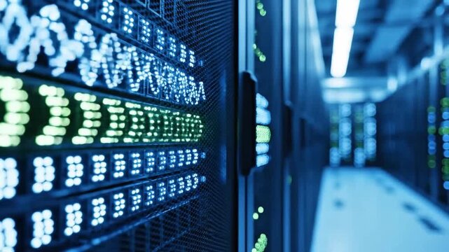 Modern Data Center Server Rack With Flowing Data