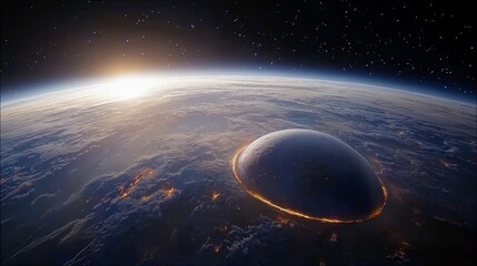 A large, dark, oval-shaped alien spaceship hovers in orbit above planet Earth, illuminated by the golden light of sunrise breaking over the planet's atmosphere.