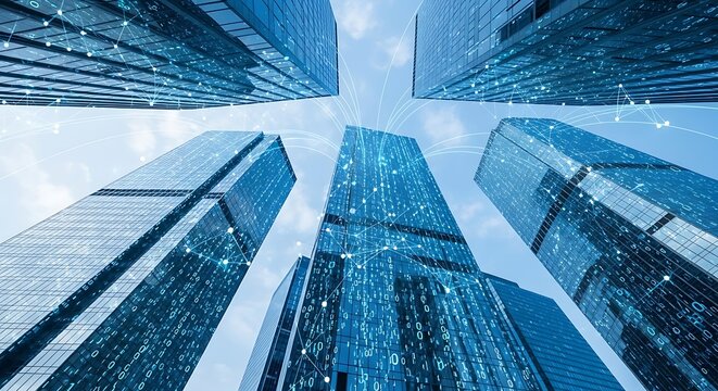 Dynamic urban future towering glass skyscrapers and integrated digital networks symbolize rapid evolution and interconnected information shaping modern business and tech landscapes