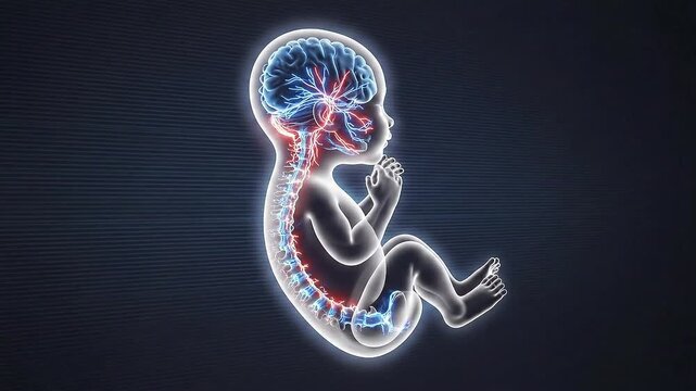 Fetal Development Visualized with Glowing Neural Pathways and Spinal Cord Details Against a Dark Abstract Background with Subtle Light Streaks
