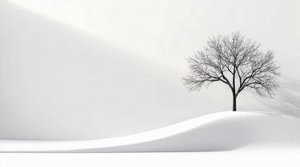 A solitary bare tree stands on a gentle snow-covered hill, bathed in soft, diffused light creating a serene and minimalist winter landscape.