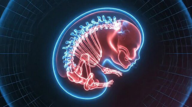 Human Fetus Development Visualization Neon Blue Outline and Red Skeleton Showing Early Gestation Stages Growth and Biological Science