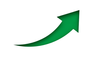 Green upward curving arrow, With subtle gradient and white outline, cutout, PNG isolated on transparent background